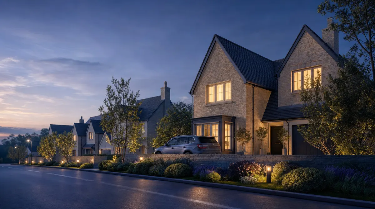 Twilight render of a residential development by Rendium