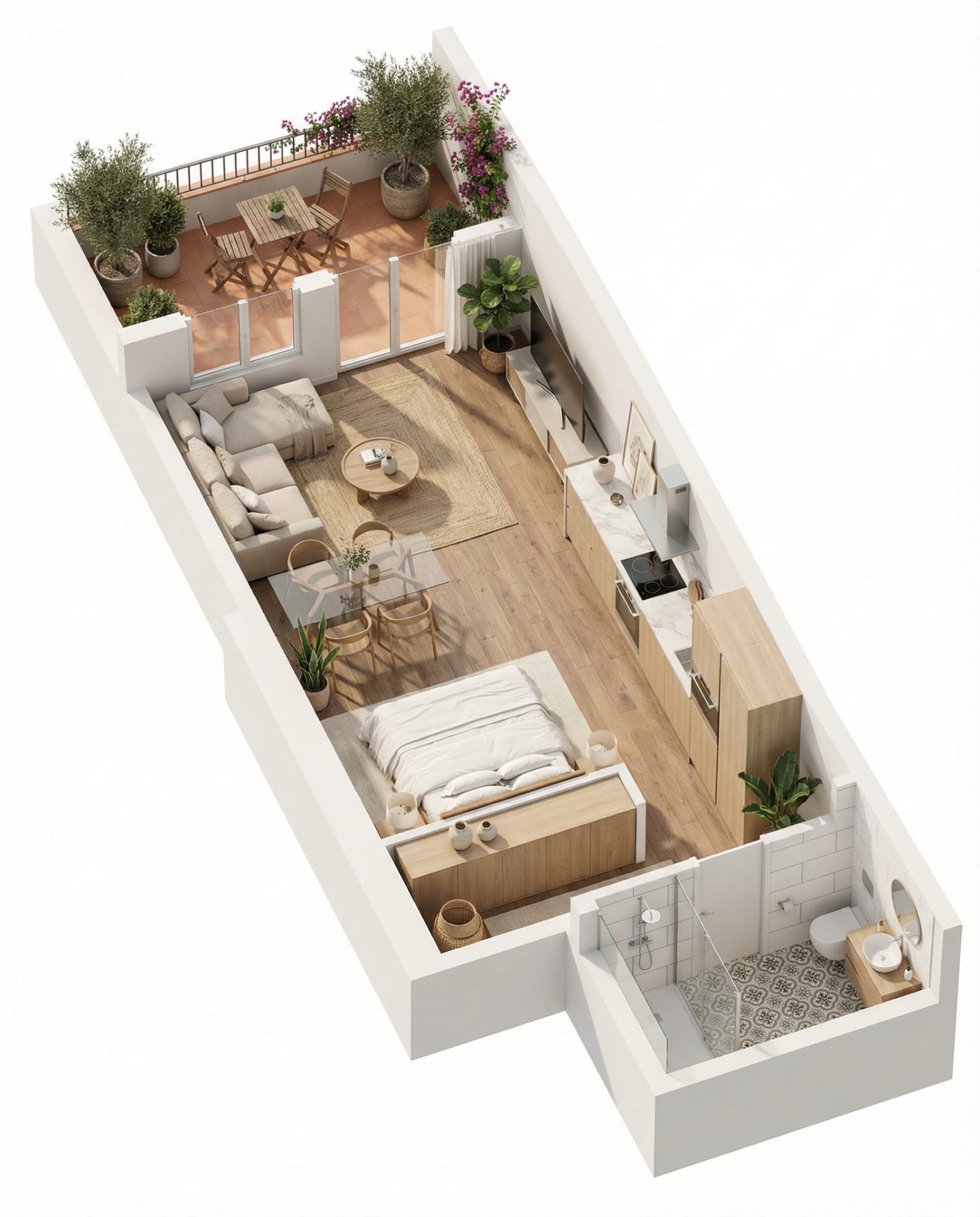 Render isométrico de edificio residencial con corte seccionado