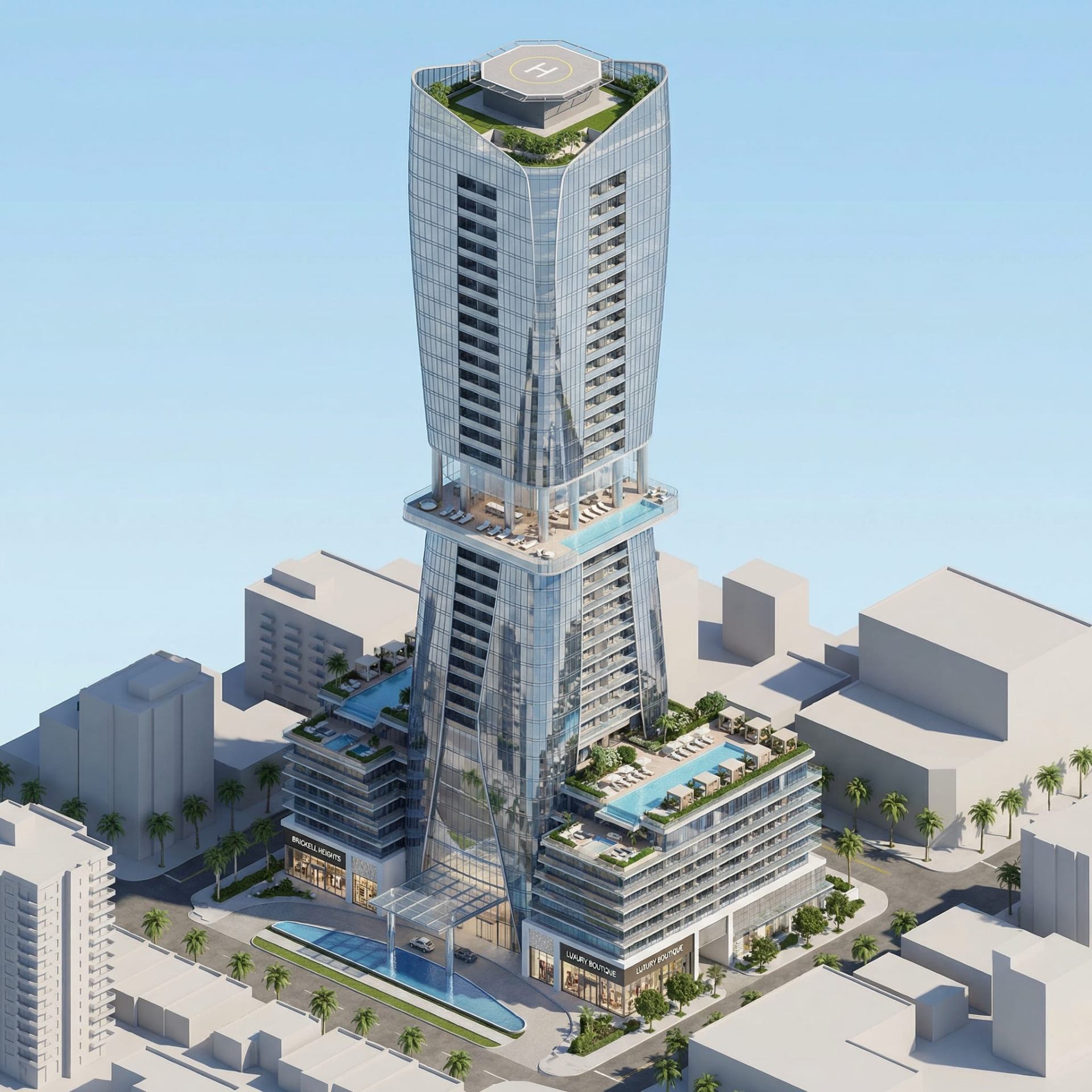 Render de fachada de edificio residencial moderno con balcones volados