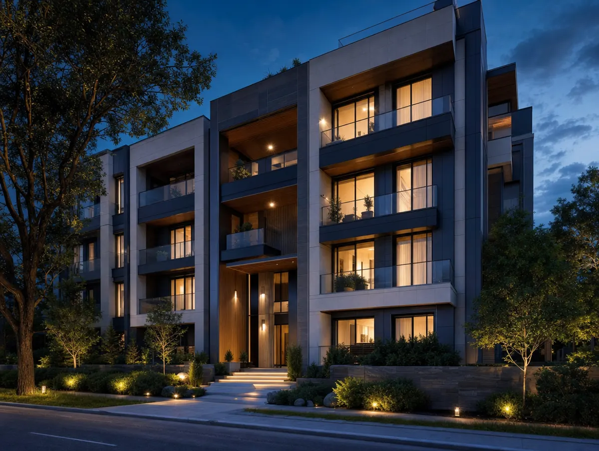 Night facade render by Rendium