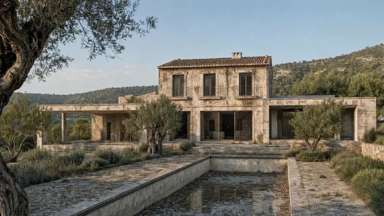 Una casa mediterránea abandonada con una piscina vacía se transforma en una vivienda restaurada entre olivos. Visualización conceptual creada con IA.
