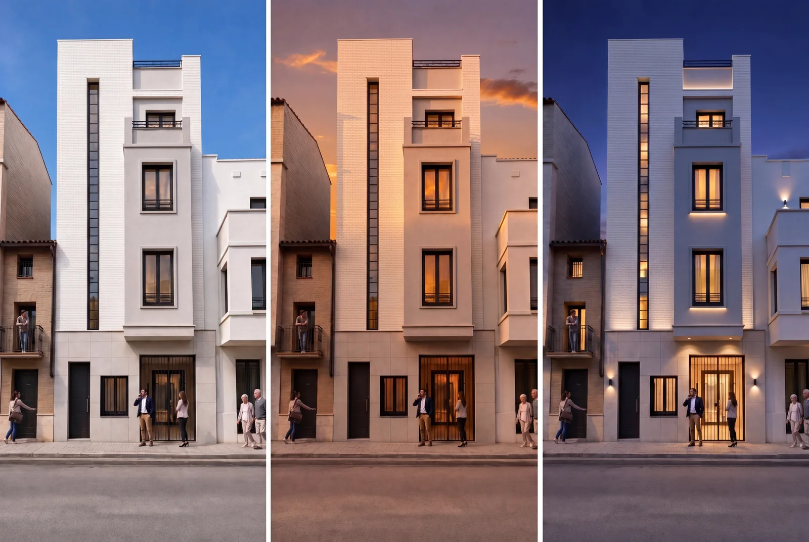 Tres vistas de una fachada residencial: luz de día, atardecer e iluminación nocturna.