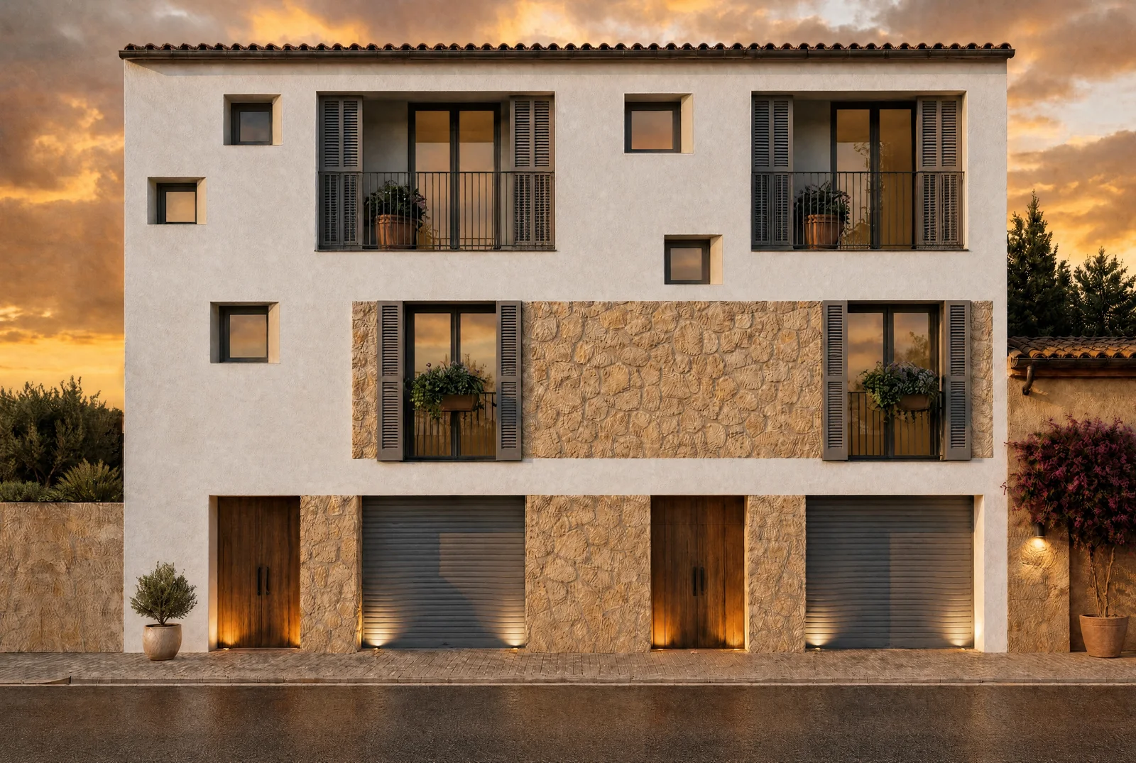 Fachada residencial al atardecer, con revestimiento de piedra y balcones.