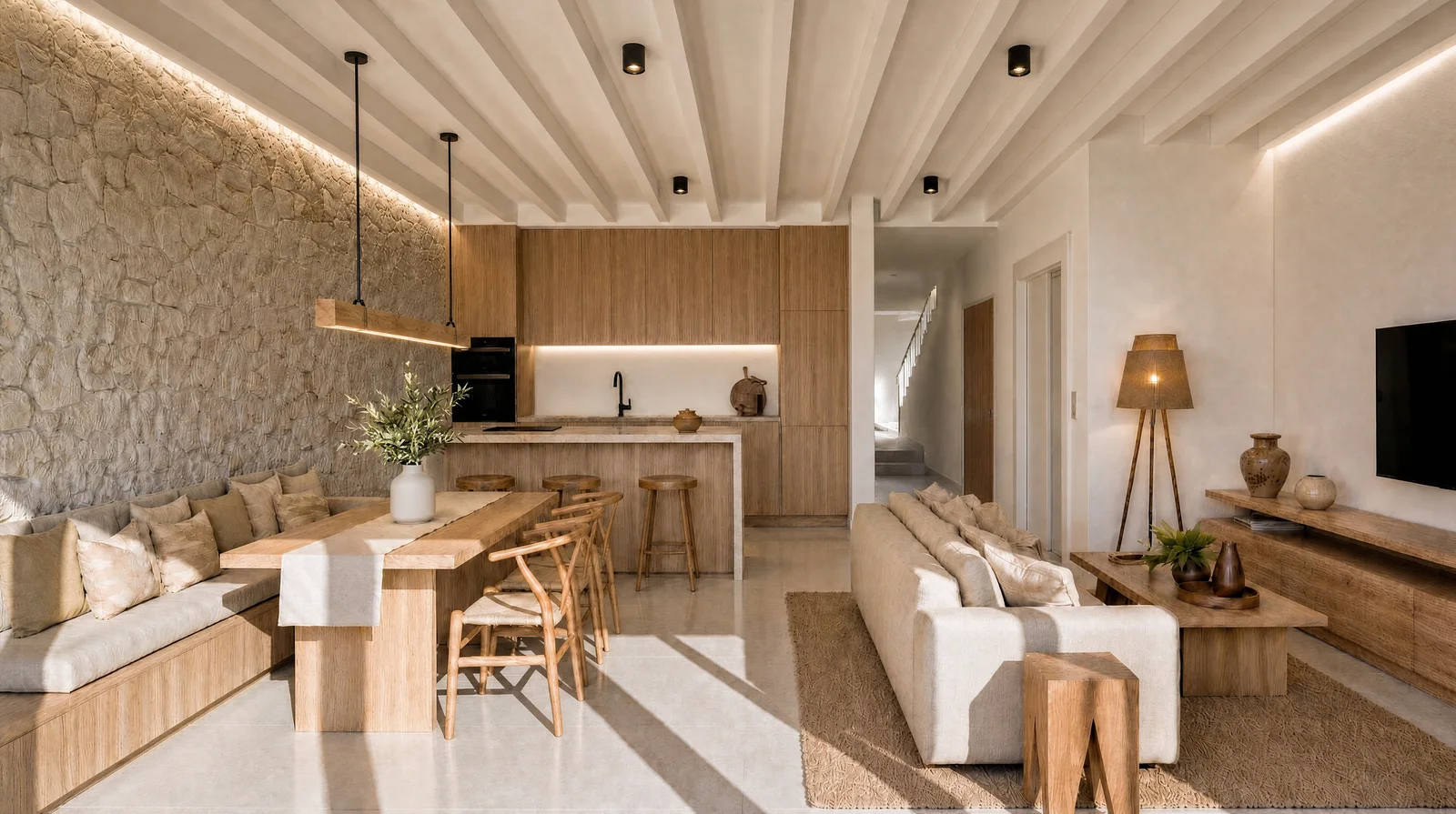 Salón comedor mediterráneo con piedra natural, madera clara y cocina abierta.
