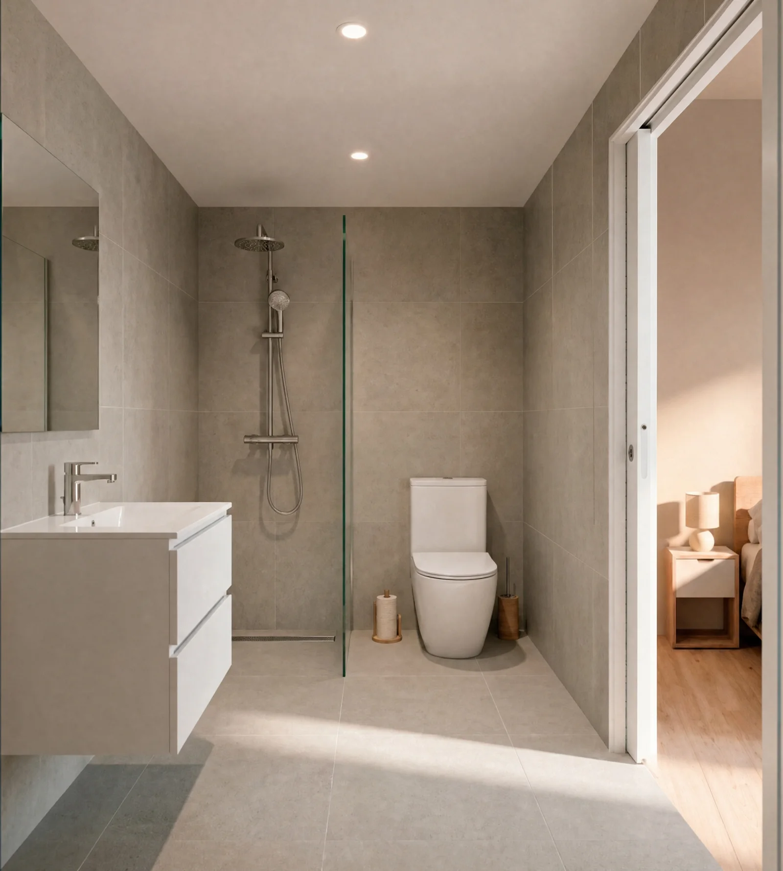 Baño con ducha, lavabo y acabados en tonos neutros, sin logotipo.