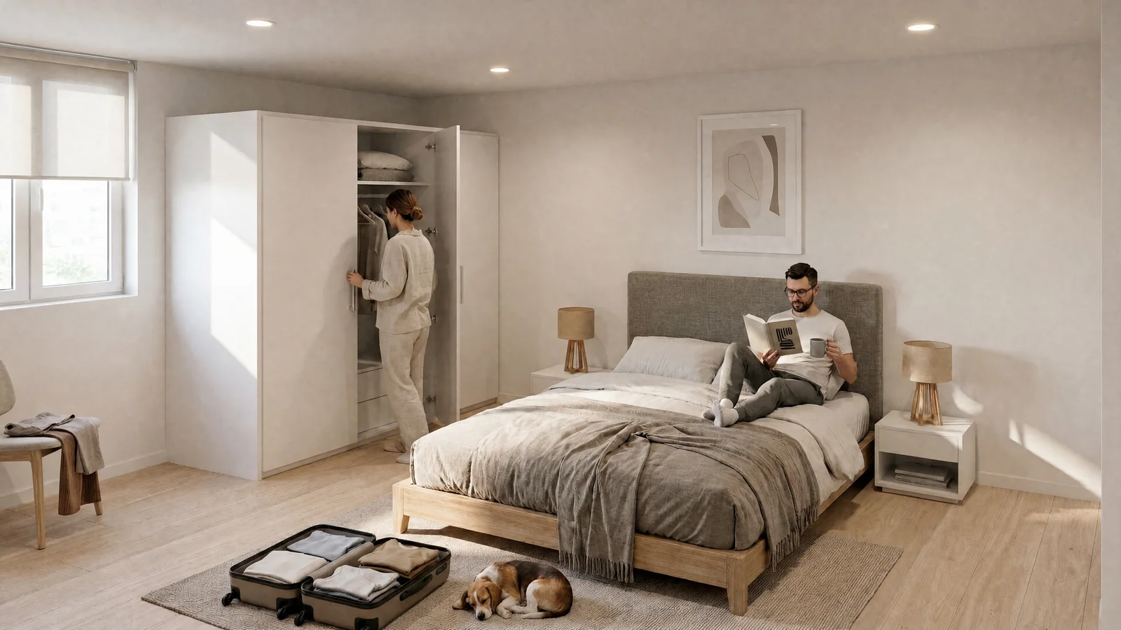 Dormitorio amueblado con una pareja y un perro, integrados con IA.