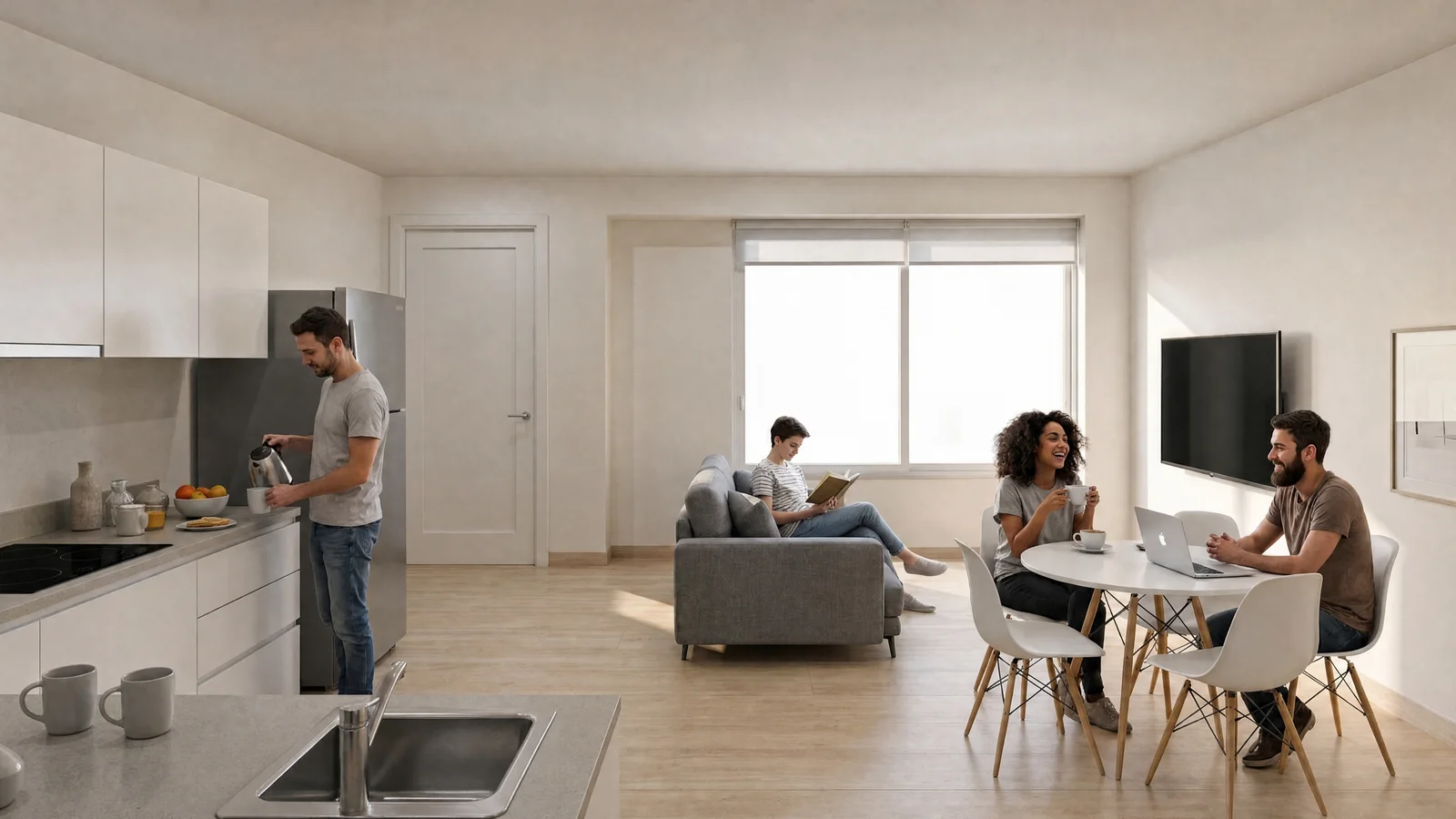 Salón comedor y cocina, con personas en una escena cotidiana generada con IA.