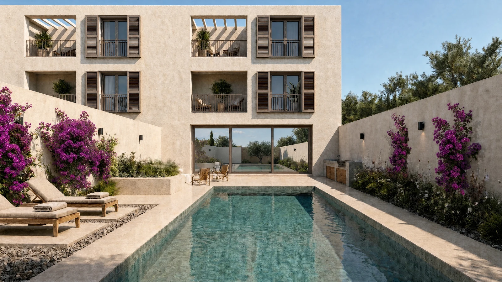 Visualización realizada por Rendium: edificio mediterráneo con jardín y piscina en Mallorca.