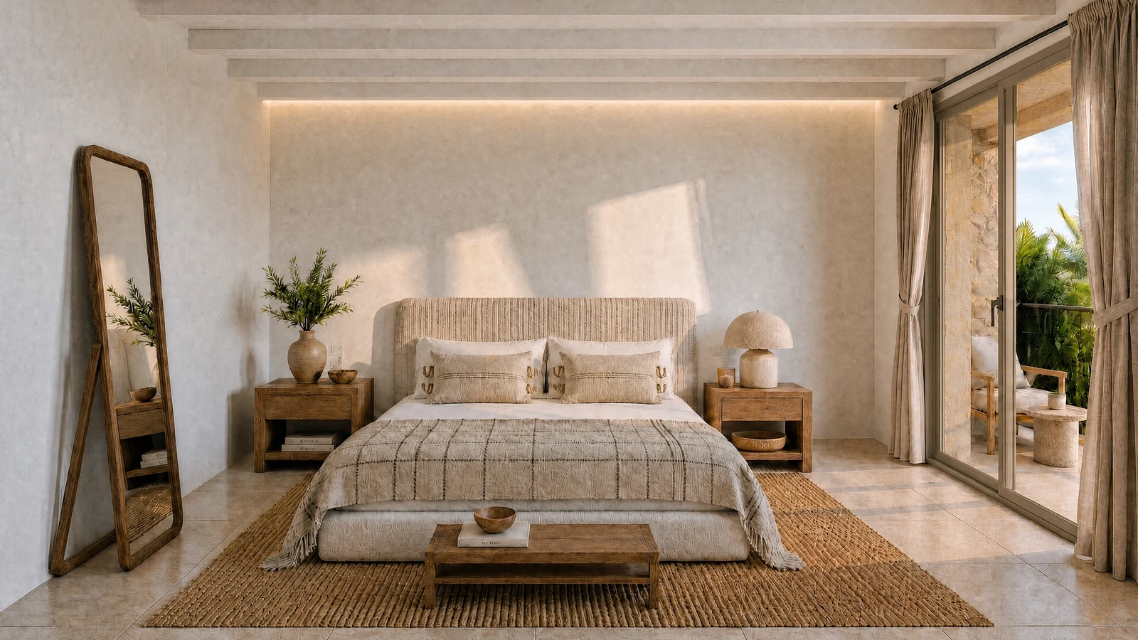Dormitorio de un proyecto residencial real en Mallorca: tonos cálidos, vigas de madera y terraza.