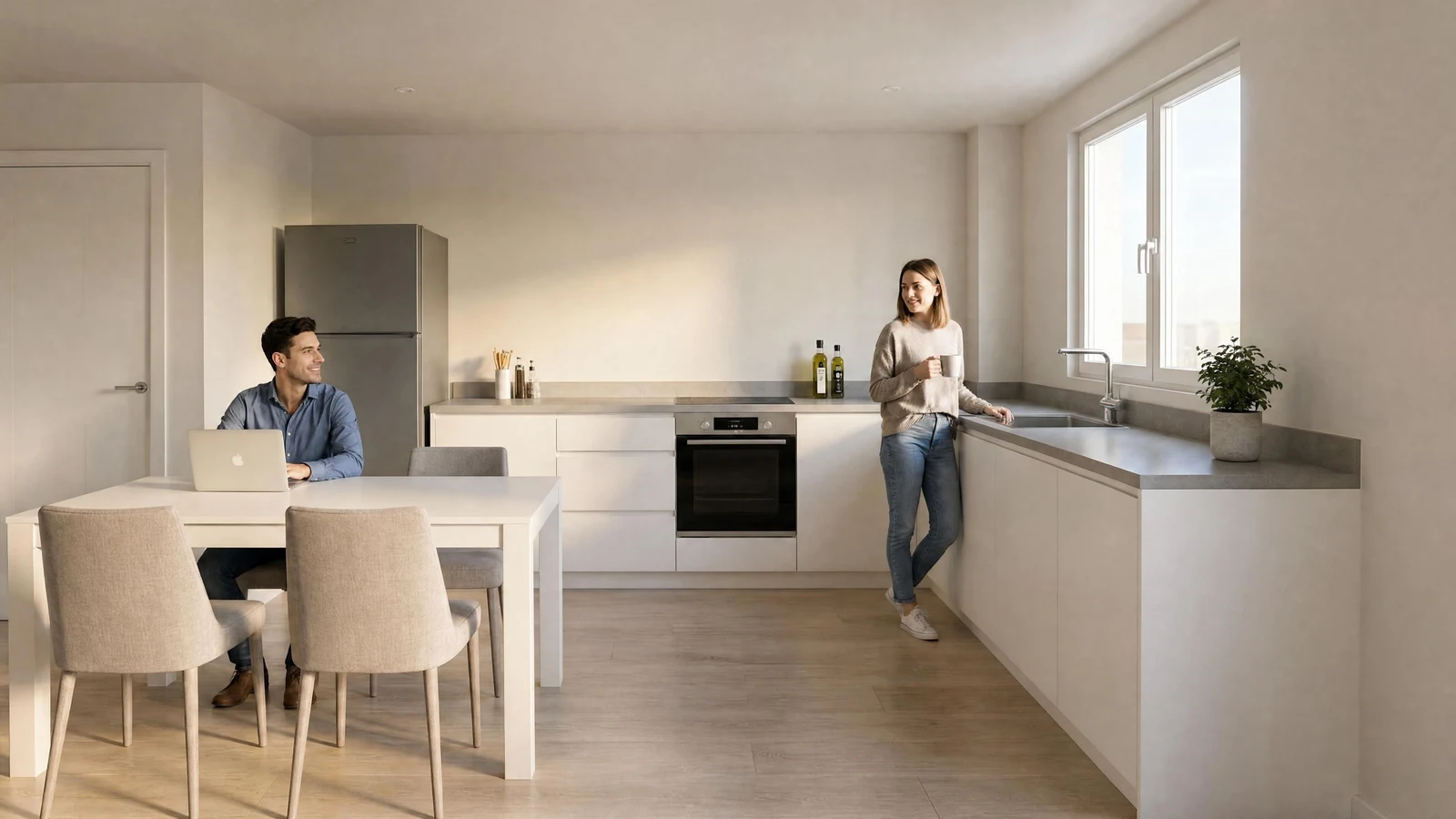 Trabajo de Rendium en Meliana: una pareja en una cocina luminosa integrada en el espacio arquitectónico.