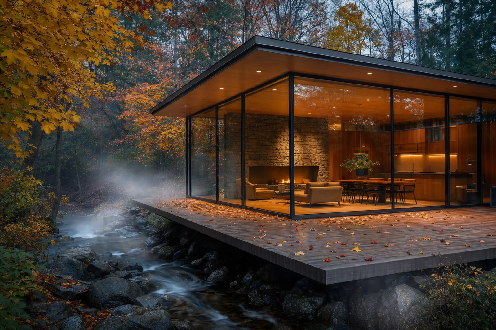 Casa vidrio en bosque, render fotorrealista de Rendium