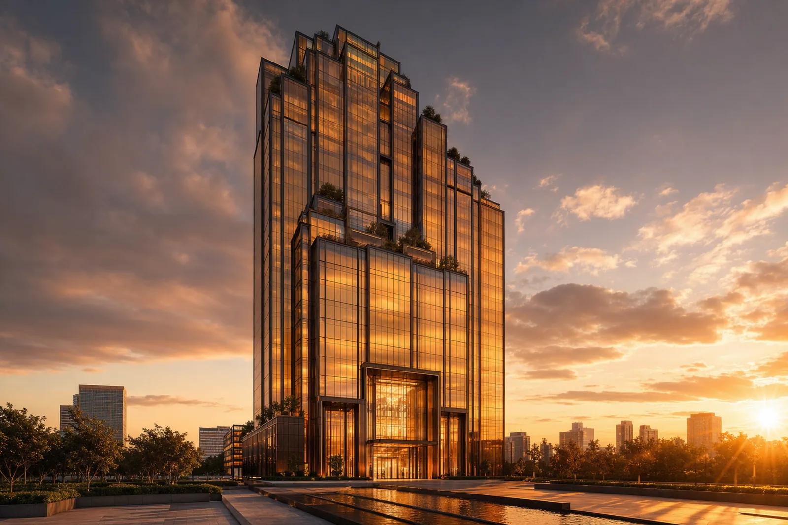 Rascacielos dorado, render fotorrealista de Rendium